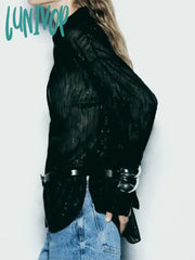 Lunivop Black Transparent Long Sleeve Shirt 2024 Spring New Simple Casual Button Up Lapel Collar