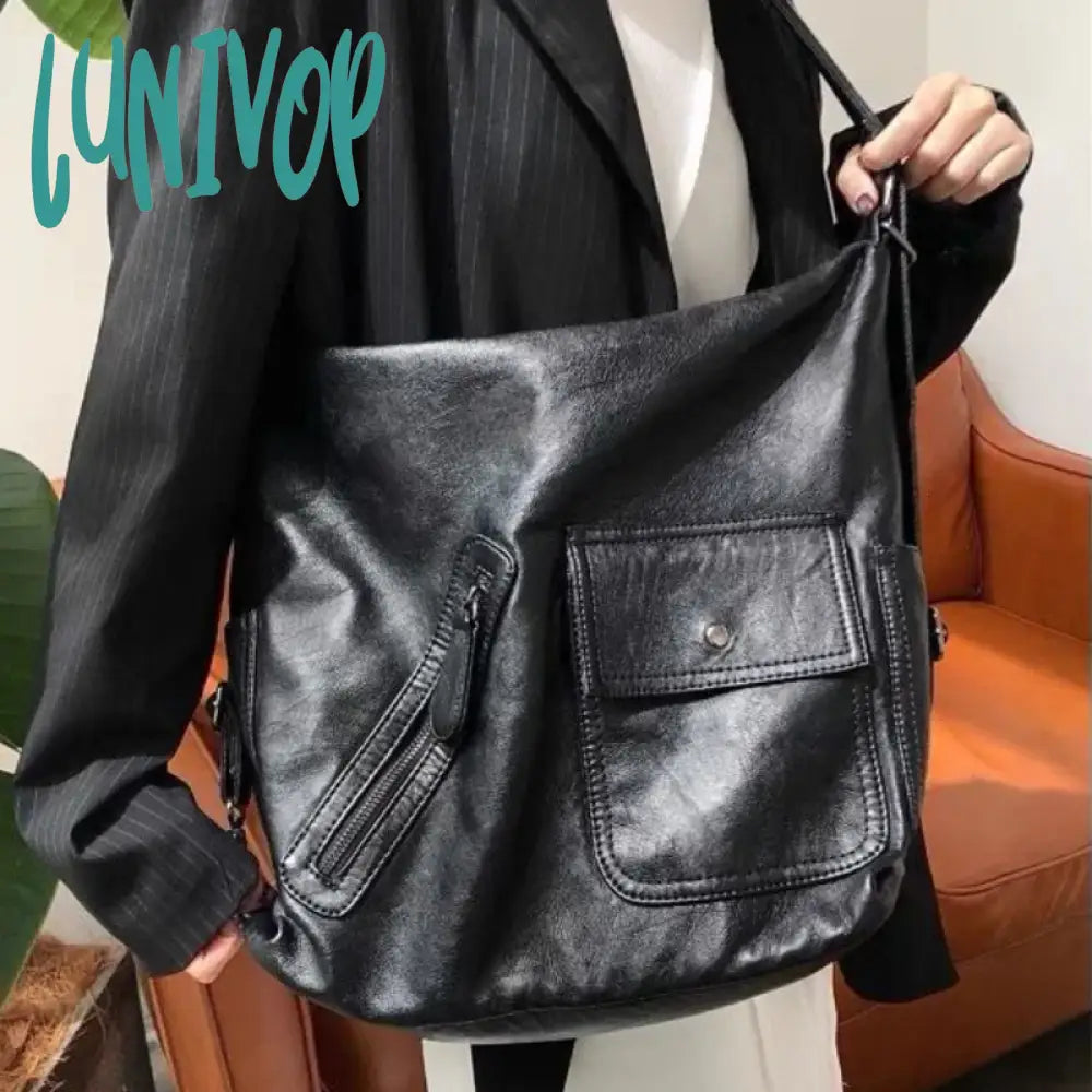 Lunivop Black Vintage Womens Shoulder Bag Plain Luxury Motorcycle Messenger Designer Large Capacity