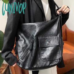 Lunivop Black Vintage Womens Shoulder Bag Plain Luxury Motorcycle Messenger Designer Large Capacity