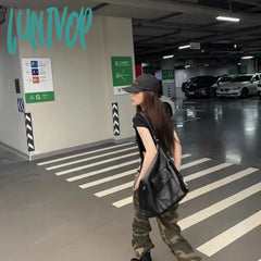 Lunivop Black Vintage Womens Shoulder Bag Plain Luxury Motorcycle Messenger Designer Large Capacity