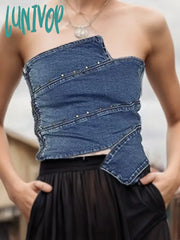 Lunivop Blue Backless Denim Corset Crop Women Off Shoulder Sleeveless Bustier Tops Lady Sexy