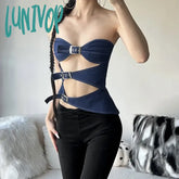 Lunivop Blue Denim Tops Metal Buckle Asymmetrical Cut Out Tube Top Streetwear Y2K Harajuku Clothes