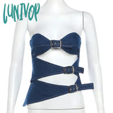 Lunivop Blue Denim Tops Metal Buckle Asymmetrical Cut Out Tube Top Streetwear Y2K Harajuku Clothes