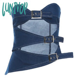 Lunivop Blue Denim Tops Metal Buckle Asymmetrical Cut Out Tube Top Streetwear Y2K Harajuku Clothes