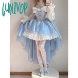 Lunivop Blue Elegant Dress Design Short Before Long Flowers Marry Big Bow Tail Princess Sleeve