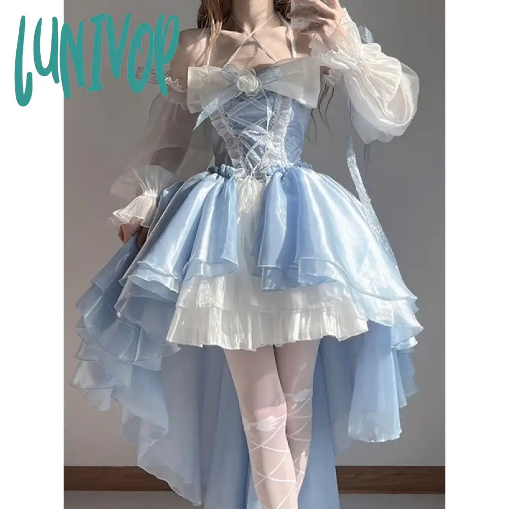 Lunivop Blue Elegant Dress Design Short Before Long Flowers Marry Big Bow Tail Princess Sleeve