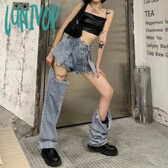 Lunivop Blue Jeans Women Korean Fashion Harajuku Y2K Streetwear High Waist Design Baggy Detachable