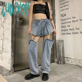 Lunivop Blue Jeans Women Korean Fashion Harajuku Y2K Streetwear High Waist Design Baggy Detachable