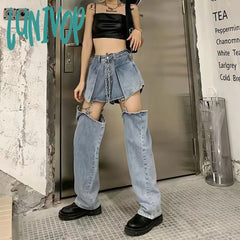 Lunivop Blue Jeans Women Korean Fashion Harajuku Y2K Streetwear High Waist Design Baggy Detachable