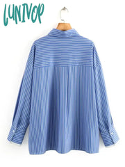 Lunivop Blue Striped Blouses Women 2024 Spring New Chic Single Breasted Long Sleeve Lapel Collar