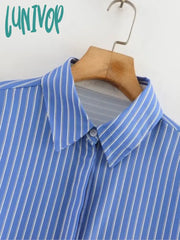 Lunivop Blue Striped Blouses Women 2024 Spring New Chic Single Breasted Long Sleeve Lapel Collar