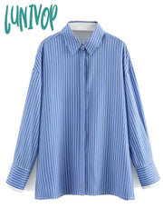 Lunivop Blue Striped Blouses Women 2024 Spring New Chic Single Breasted Long Sleeve Lapel Collar
