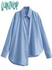 Lunivop Blue Striped Shirts For Women 2024 Spring Long Sleeve Lapel Collar Irregular Hem Blouse
