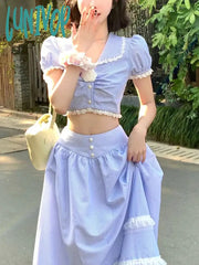 Lunivop Blue Striped Sweet Two Piece Set Women Lace France Elegant Long Skirts Suit Female Korean