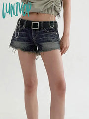 Lunivop Blue Vintage Tassel Denim Shorts Women American Low Waist Straight With Belt Mini Summer