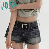 Lunivop Blue Vintage Tassel Denim Shorts Women American Low Waist Straight With Belt Mini Summer