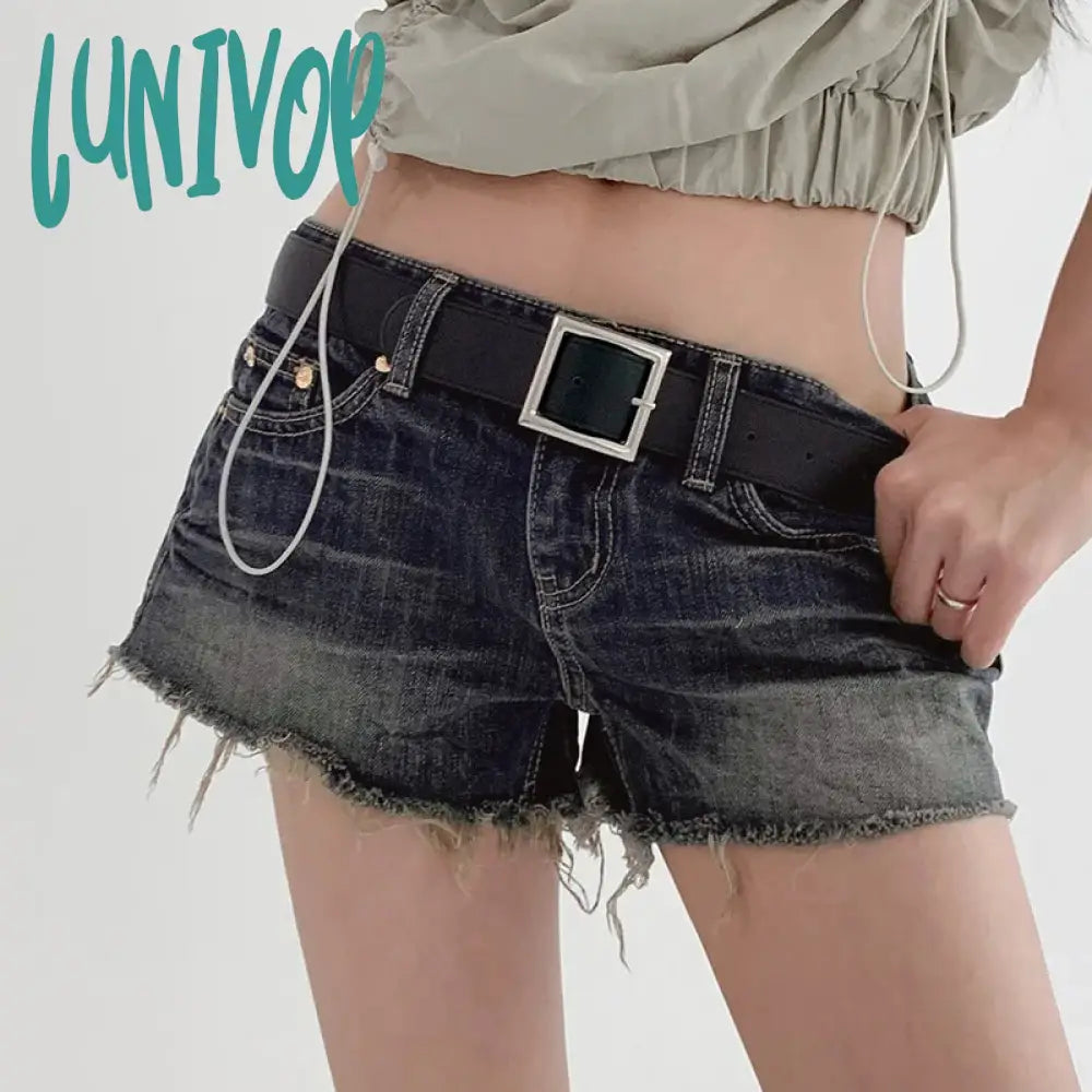 Lunivop Blue Vintage Tassel Denim Shorts Women American Low Waist Straight With Belt Mini Summer