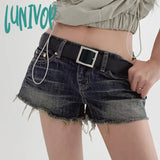 Lunivop Blue Vintage Tassel Denim Shorts Women American Low Waist Straight With Belt Mini Shorts Summer Y2K Fashion Streetwear