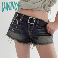 Lunivop Blue Vintage Tassel Denim Shorts Women American Low Waist Straight With Belt Mini Summer
