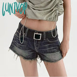 Lunivop Blue Vintage Tassel Denim Shorts Women American Low Waist Straight With Belt Mini Summer