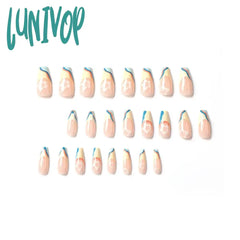 Lunivop Blue Yellow French White Flowers Short T-Shaped Wearable Fake Nails Full Cover Finished