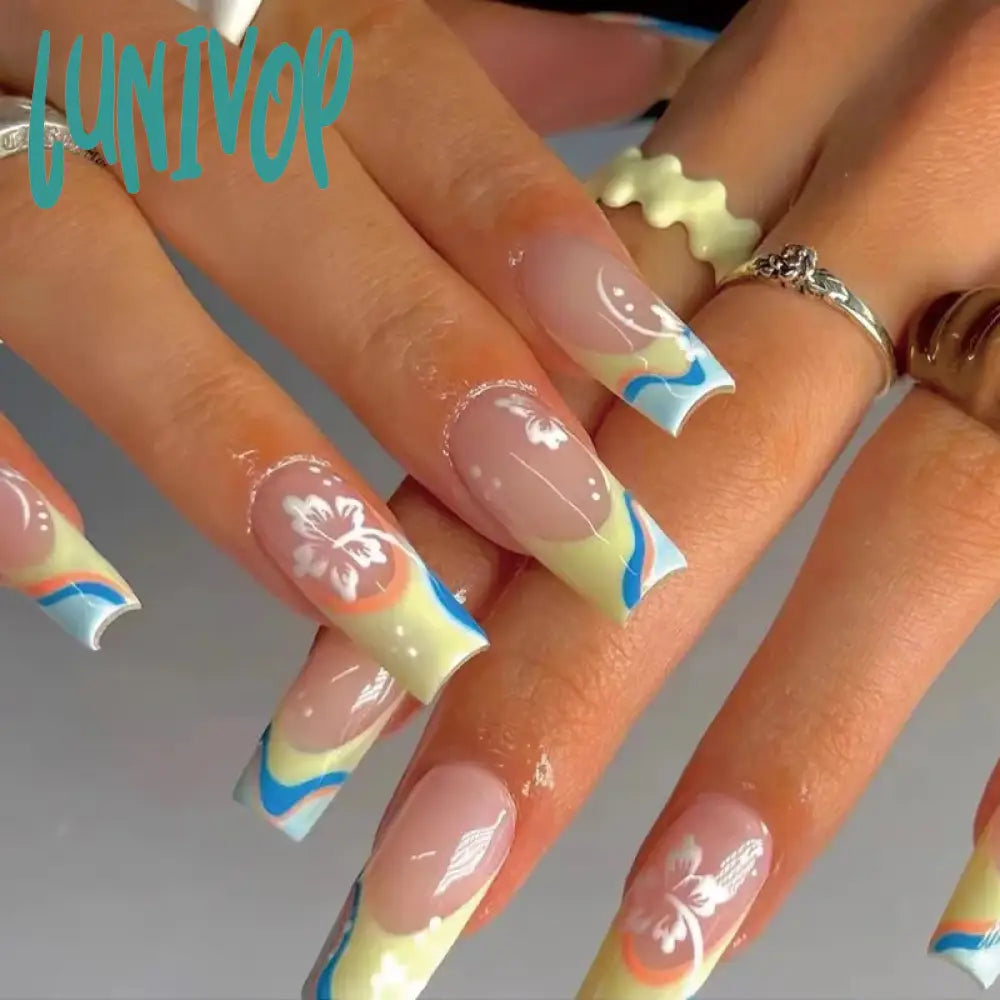Lunivop Blue Yellow French White Flowers Short T-Shaped Wearable Fake Nails Full Cover Finished