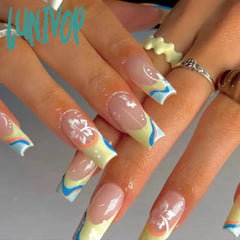 Lunivop Blue Yellow French White Flowers Short T-Shaped Wearable Fake Nails Full Cover Finished