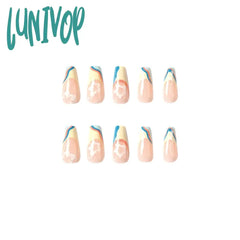 Lunivop Blue Yellow French White Flowers Short T-Shaped Wearable Fake Nails Full Cover Finished