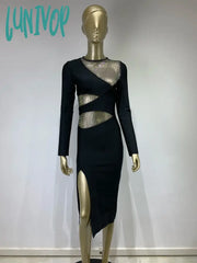 Lunivop Bodycon Bandage Dress Sexy Long Sleeve O Neck Diamonds Black Mini Women Celebrity Fashion