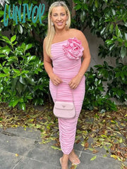 Lunivop Bodycon Flower Dress Women Off Shoulder Folds Sexy Backless Sheath Femme Beach Casual