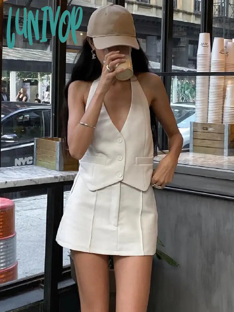 Lunivop Bodycon High Waist Dress Sets Women Sexy Deep V Neck Backless Crop Tops Hot Girls Slim