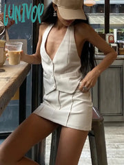 Lunivop Bodycon High Waist Dress Sets Women Sexy Deep V Neck Backless Crop Tops Hot Girls Slim