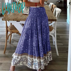 Lunivop Boho Casual Print Maxi Skirt Women Summer Fashion Sexy High Waist Skirts Womens Pink Beach