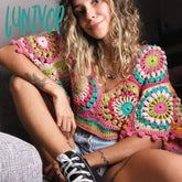 Lunivop Boho Ethnic Plaid Knitted Tanks Women Short Sleeve Loose Pullovers For Women Vintage Deep V