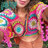 Lunivop Boho Ethnic Plaid Knitted Tanks Women Short Sleeve Loose Pullovers For Women Vintage Deep V
