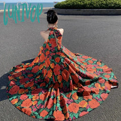 Lunivop Boho Halter Elegant Deep V Neck Long Clothing Grunge Retro Women Summer Slim Midi French