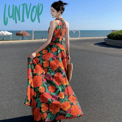 Lunivop Boho Halter Elegant Deep V Neck Long Clothing Grunge Retro Women Summer Slim Midi French