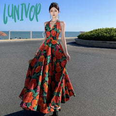 Lunivop Boho Halter Elegant Deep V Neck Long Clothing Grunge Retro Women Summer Slim Midi French
