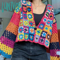 Lunivop Boho Hollow Out Cardigan Sweaters For Women Vintage Deep V Long Sleeve Autumn Sweater Loose