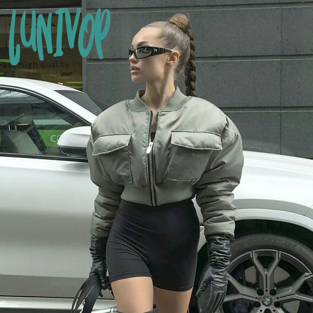 bomber jacket Women's Hot Winter New Solid Color Zipper Long Sleeve Warm Short Cotton Jacket Top