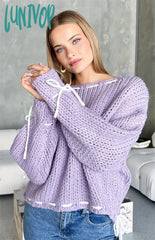 Lunivop Bow Knitted Lace Up Sweater Top Elegant Long Sleeve Off Shoulder Loose O-Neck Contrast