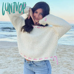 Lunivop Bow Knitted Lace Up Sweater Top Elegant Long Sleeve Off Shoulder Loose O-Neck Contrast