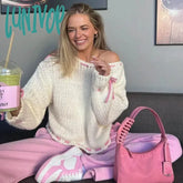 Lunivop Bow Knitted Lace Up Sweater Top Elegant Long Sleeve Off Shoulder Loose O-Neck Contrast