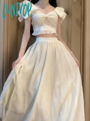 Lunivop Bow Korean Fashion Two Piece Set Women Ruffles French Vintage Long Skirts Suit Female Off