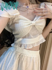 Lunivop Bow Korean Fashion Two Piece Set Women Ruffles French Vintage Long Skirts Suit Female Off
