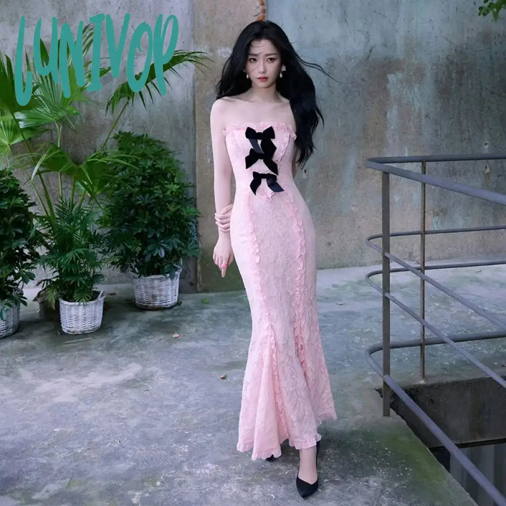 Lunivop Bow Lace Pink Strapless Long Maxi Dresses for Women Y2k Cute S –  lunivop