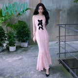 Lunivop Bow Lace Pink Strapless Long Maxi Dresses for Women Y2k Cute Sexy Birthday Dress Party Outfit Kawaii Clothes