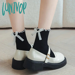 Lunivop Bow Lace Socks Women’s Middle Tube Lolita Style Pile Fashion Simple Solid Color Autumn