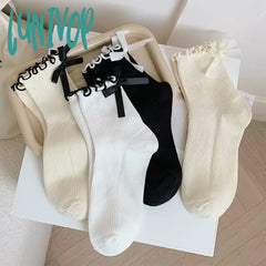 Lunivop Bow Lace Socks Women’s Middle Tube Lolita Style Pile Fashion Simple Solid Color Autumn