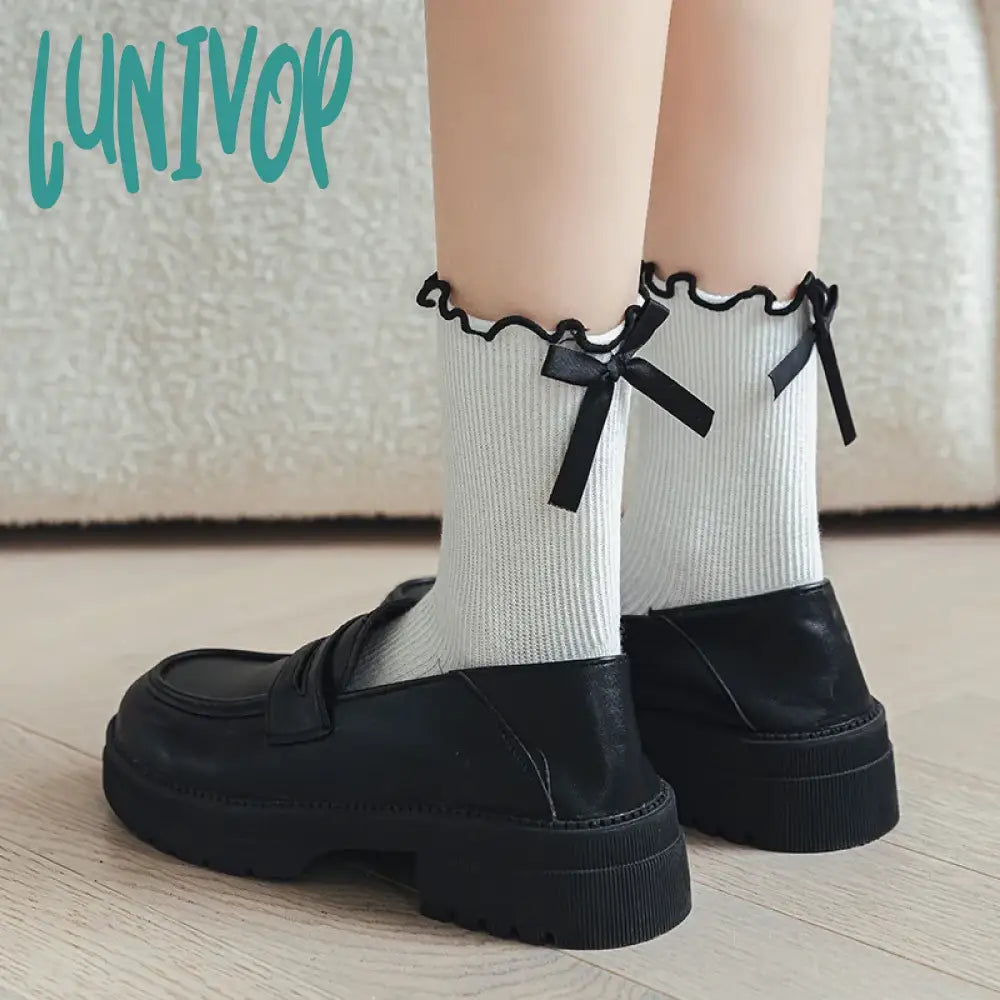 Lunivop Bow Lace Socks Women’s Middle Tube Lolita Style Pile Fashion Simple Solid Color Autumn